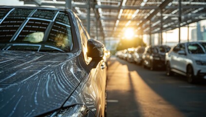 Cars in a parking garage during sunset.