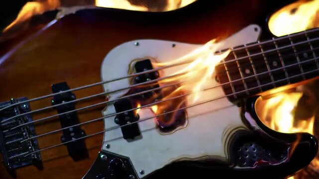 Electric bass guitar engulfed in flames, creating a dramatic and fiery musical image.
