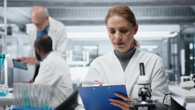 Hematology specialist in lab analyzing batch of blood samples for red blood cell abnormalities. Technician doing research on sanguine fluid vials to diagnose anemia types, camera B