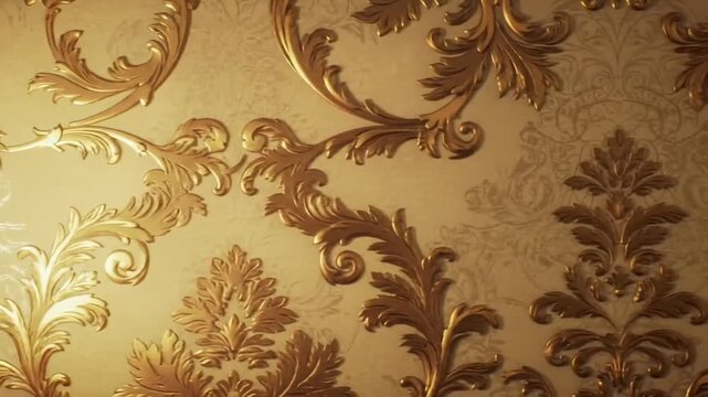 Elegant golden baroque pattern on a cream-colored wall, creating a luxurious and ornate background.