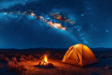 Night camping scene with glowing tent and campfire under Milky Way. Adventure tourism, outdoor travel, remote destinations, nature vacation, freedom, retreat, hygge, unforgettable leisure experience.