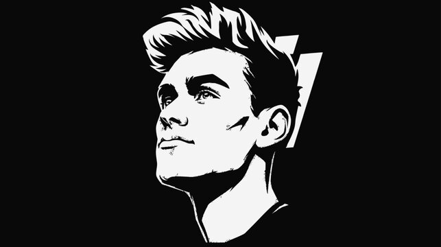 Monochromatic graphic illustration of a stylish young man with modern hair, looking up with an optimistic expression, minimalist black and white design.