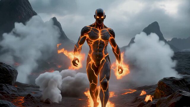 A powerful humanoid fire elemental or lava golem walks through a dark, smoky volcanic wasteland between pillars of steam. The creature's body is composed of cracked igneous rock with glowing magma