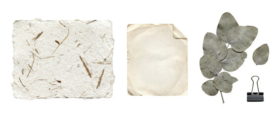 Set of handmade fiber paper aged sheet dried eucalyptus leaves and a black binder clip for rustic...