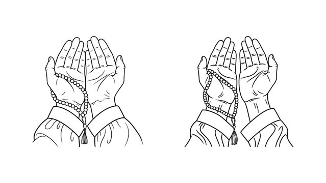 Praying hands with rosary beads in a religious gesture on white background