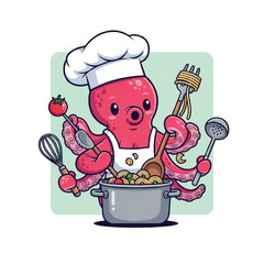 Octopus Chef Cooking in Kitchen with Utensils. © Adi
