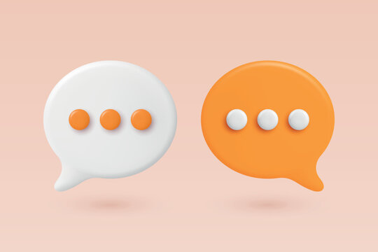 Vector 3d White and Orange Chat Bubbles. Speech Balloons with Dots. Modern Messenger Icon, Communication Symbol, Chat App UI Element, Social Media Message Design Template