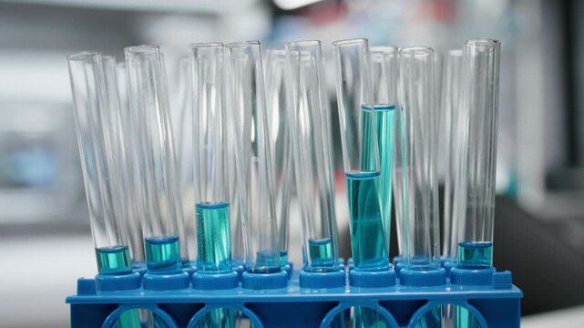 Close up of laboratory workbench filled with colorful chemical solutions in glass flasks and beakers. Empty chemistry workspace prepared for liquid reagent experiments and compound testing