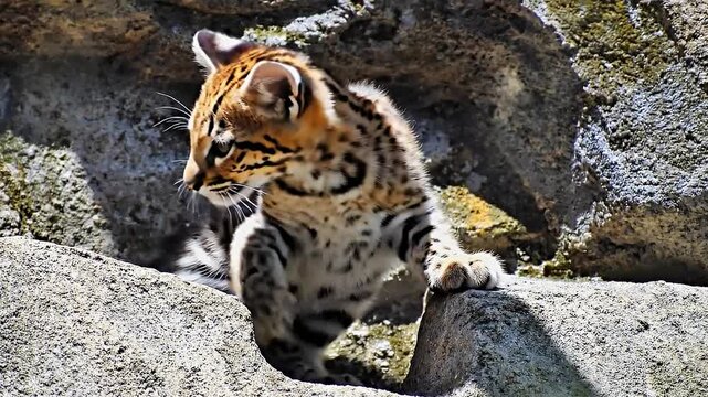 A young ocelot cub is exploring the rocky terrain.