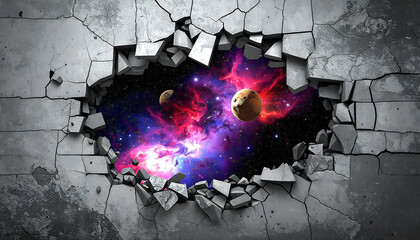 壁を突き破って見える宇宙と地球の光景。View of Earth and Outer Space Breaking Through a Concrete Wall.