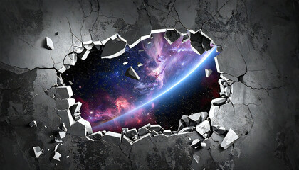 View of Earth and Outer Space Breaking Through a Concrete Wall.