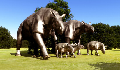 Paraceratherium Animals with Young - Paraceratherium was an Indricotherium herbivore that lived in Eurasia during the Eocene Period.