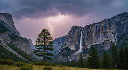 Dramatic Yosemite Valley Landscape with Lightning Strike and Waterfall.