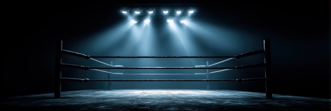 Empty Boxing Ring Illuminated by Spotlights in Dark Arena.