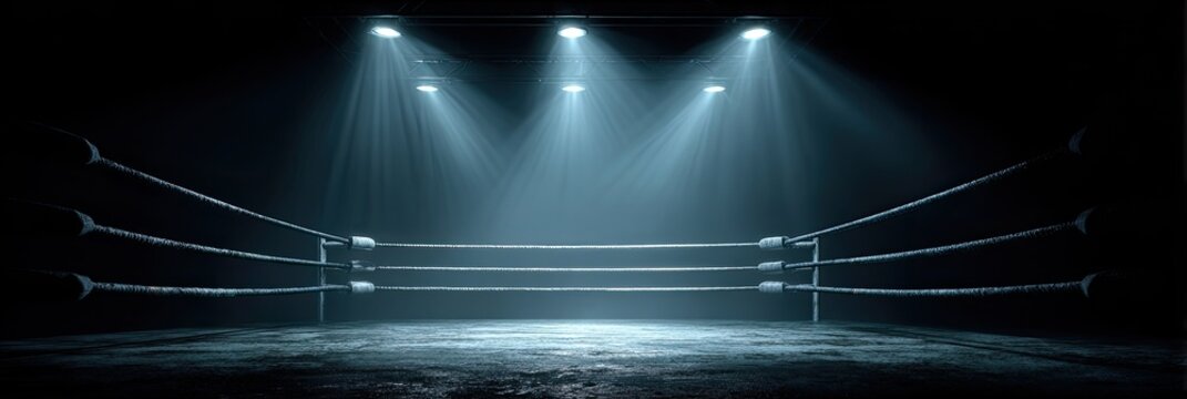 Empty Boxing Ring Illuminated by Spotlights in Dark Arena.