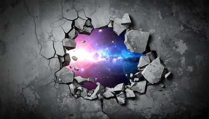 View of Earth and Outer Space Breaking Through a Concrete Wall.