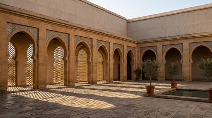 Fototapeta premium Islamic Architectural Courtyard with Repeating Arches and Geometric Shadows