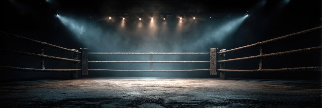 Empty Boxing Ring with Dramatic Overhead Lighting.