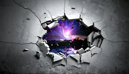 壁を突き破って見える宇宙と地球の光景。View of Earth and Outer Space Breaking Through a Concrete Wall.