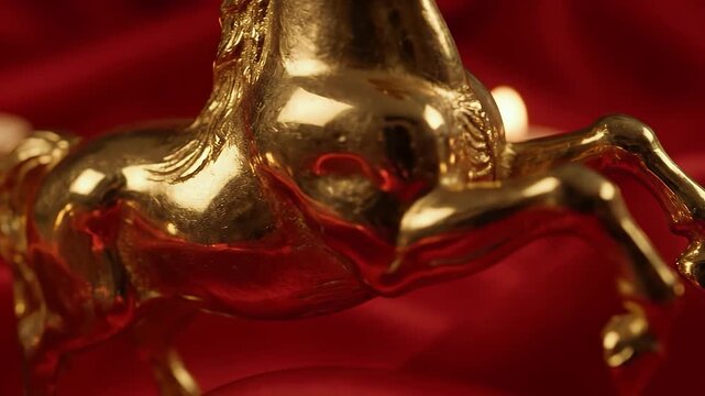 An extreme macro camera shot crawls slowly along the intricate carvings of a 24k gold horse figurine, its metallic surface reflecting flickering warm candlelight against a soft-focus red silk backgrou