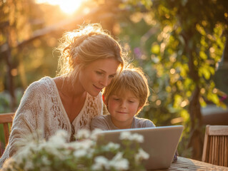 A happy mother and her son is relaxing with laptop at backyard garden together. Happy family concept.