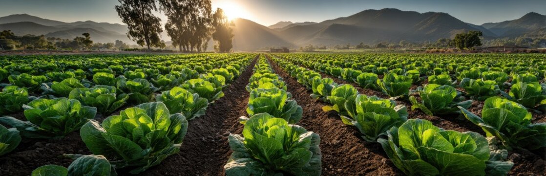 Lush Green Vegetable Farm Rows Under Sunrise Mountains.