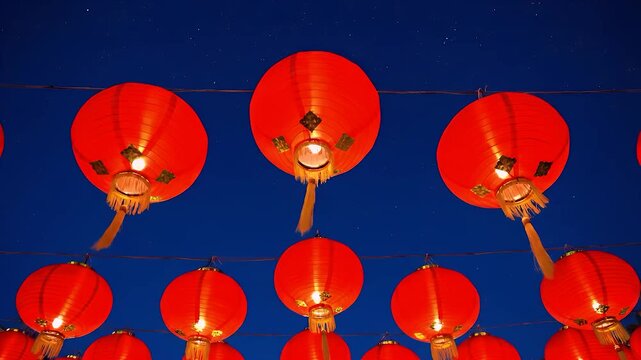 An 8-second, low-angle frog eye view looks up at red lanterns swaying against a deep blue twilight sky, creating a dramatic, clean, and festive high-quality visual.