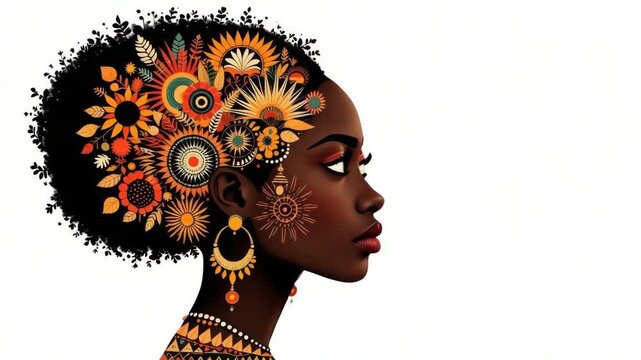 Profile of woman with vibrant floral hair pattern on white background