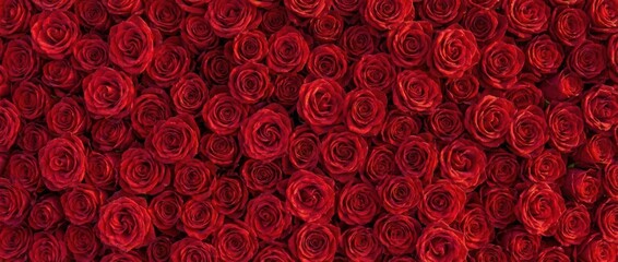Obraz premium Many fresh vibrant red roses with velvety petals tightly packed together to form a beautiful, romantic, and luxurious floral wall, viewed from a top-down perspective