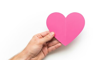 Male hand holding large pink blank paper heart isolated on white background. Mockup for Valentine day message or greeting card