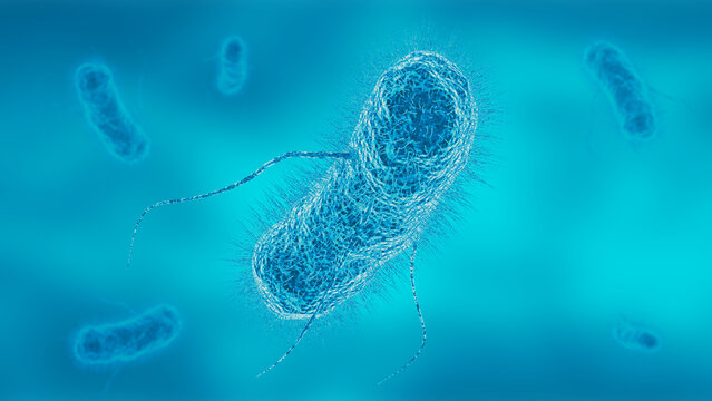 Escherichia coli bacteria with flagella and detailed cell structure in a blue microscopic environment