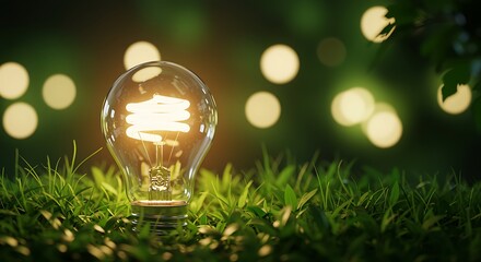 Bright C F L bulb glowing on green grass with blurred lights background CFL bulb light bulb