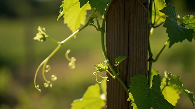 Close-up of young grape vine leaves climbing a wooden post in vineyard.