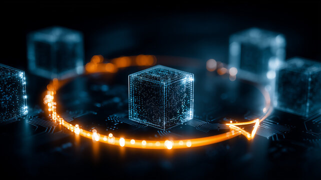 Blockchain cube network with circular arrow symbolizing decentralized finance, transaction validation, and secure ledger technology.
