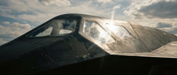 Obraz premium Dark angular stealth aircraft cockpit with reflective windows, showcasing intricate paneling and a bright sun flare against a dramatic cloudy sky