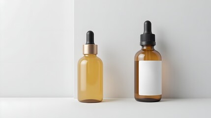 Naklejka premium Two amber glass dropper bottles on a white surface against a clean white background