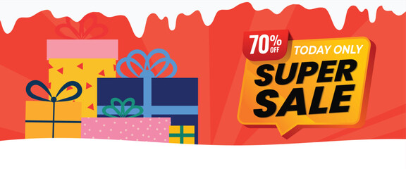 Super sale banner in red theme , discount code, gifts. Perfect for ecommerce promotions and campaign ads.