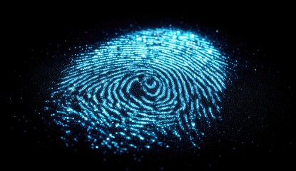 Closeup of Blue Digital Fingerprint Pattern on Black Background.