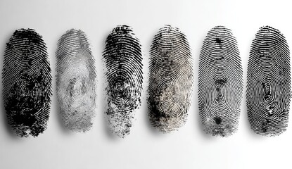Close Up of Multiple Black and White Fingerprints on White Surface.