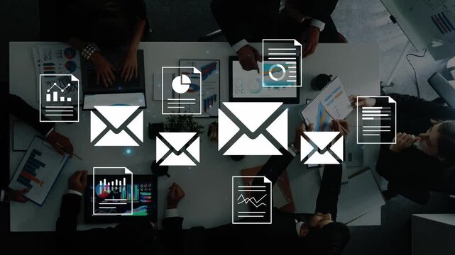 Diverse business team collaborating on data analysis with digital devices and document visuals, illustrating teamwork, communication, and technology in the workplace Gluon.