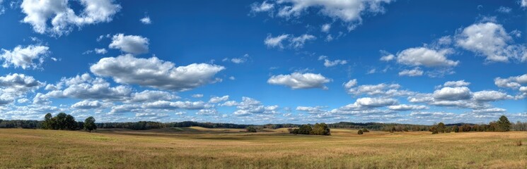 Expansive rural landscape under blue sky with clouds.