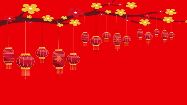 chinese new year decoration Traditional red Chinese lanterns hanging from blooming plum branches on a red background