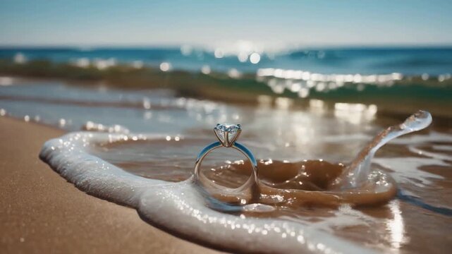 diamond engagement ring on sandy beach with ocean waves in back during sunny day romantic proposal concept jewelry luxury wedding travel vacation