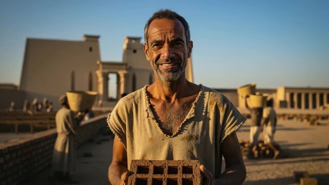 Israelite slave holding a clay brick in ancient Egypt. Exhausted man at a construction site with other laborers building a temple. Biblical history of enslavement