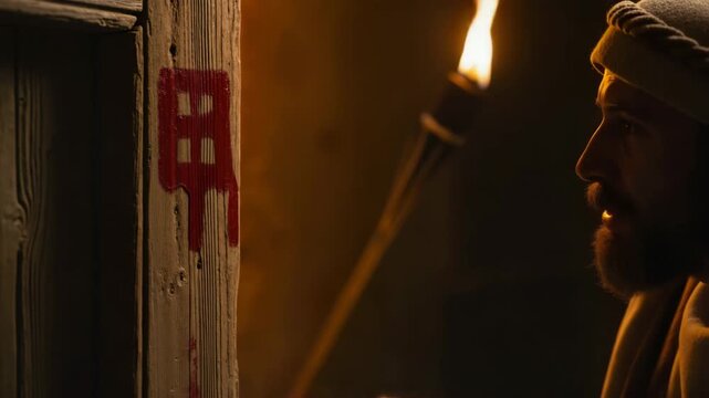 Hebrew man applying mark to a wooden doorpost with hyssop. Biblical reenactment of the first Passover and the Exodus from Egypt