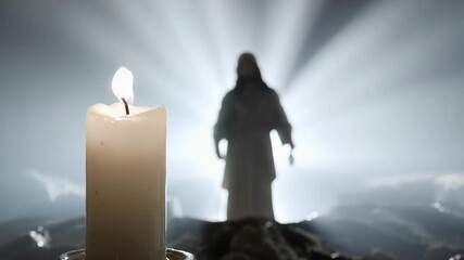 Resurrection of Jesus Christ rising in the background. Sharp focus on a white candle in the foreground. Silhouette of Christ ascending with divine light rays. Easter and faith concept