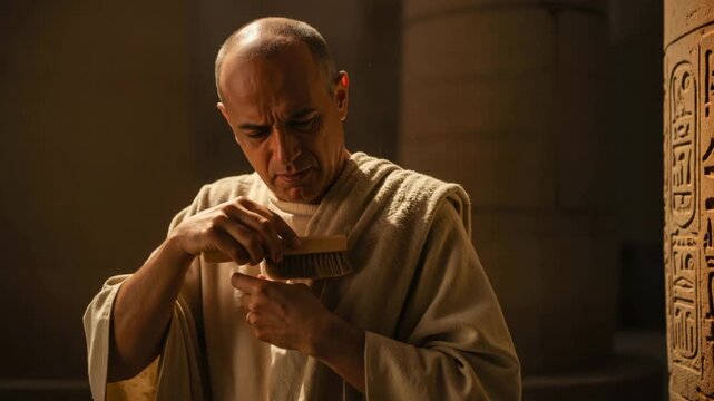 Ancient Egyptian man brushing his clothes during the plague of lice. Historical reenactment of the third plague in Egypt. Biblical story of Exodus and the suffering of the people. Cinematic footage