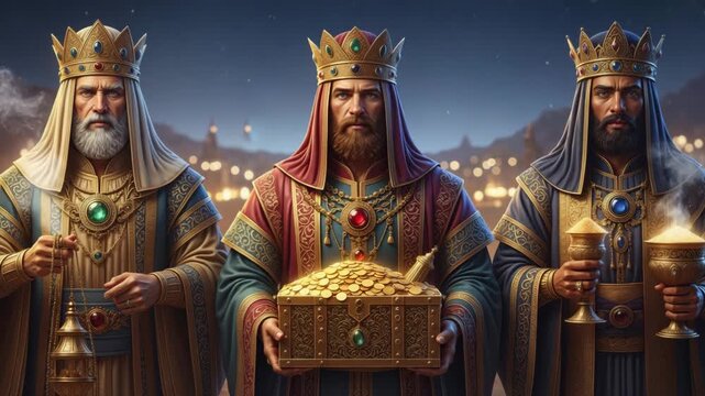 Three wise men carrying gifts of gold frankincense and myrrh. Magi kings in ornate robes and crowns at night. Biblical epiphany and nativity concept