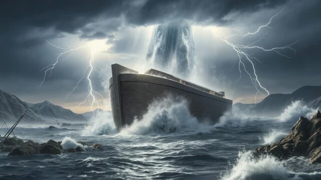 Noah's Ark navigating the Great Flood during a violent storm. Massive wooden ship in a turbulent ocean with lightning and a waterspout. Biblical story of survival and faith. Cinematic VFX