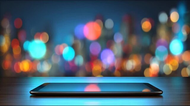 A digital tablet rests on a wooden surface against a blurred backdrop of colorful bokeh lights